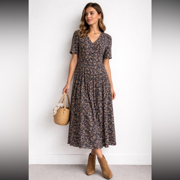 Vintage Dresses & Skirts - Vintage Floral Button Front Midi Dress Navy Pink Pleated Skirt Size 9/10